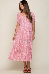 Pink Floral Smocked Short Sleeve Maternity Midi Dress