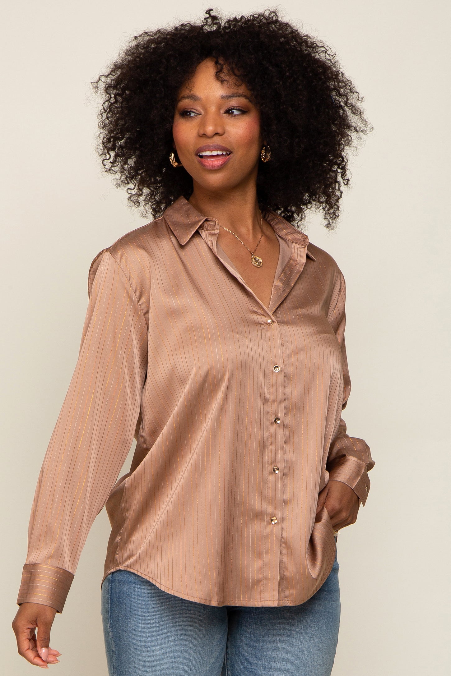 Camel Metallic Stripe Satin Maternity Long Sleeve Blouse