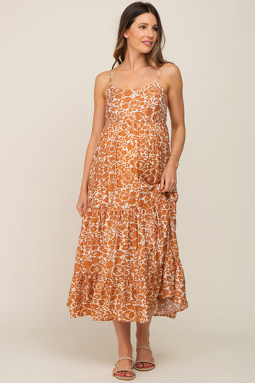 Rust Floral Tiered Maternity Midi Dress