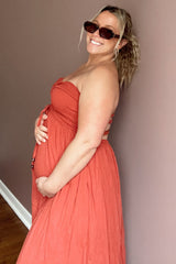 Rust Smocked Cutout Back Maternity Maxi Dress
