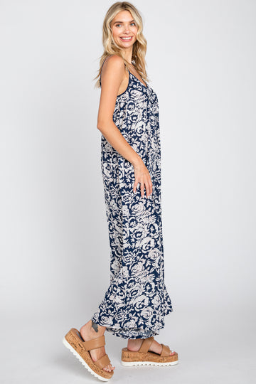 Navy Blue Floral Wide Leg Crop Jumpsuit