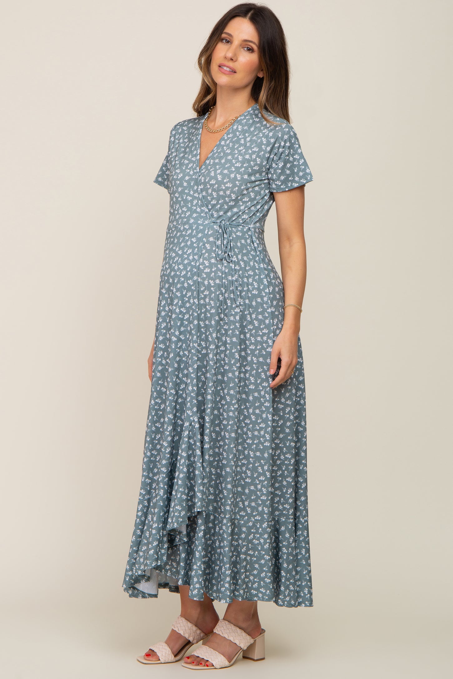 Light Olive Floral Wrap Front V-Neck Short Sleeve Maternity Midi Dress