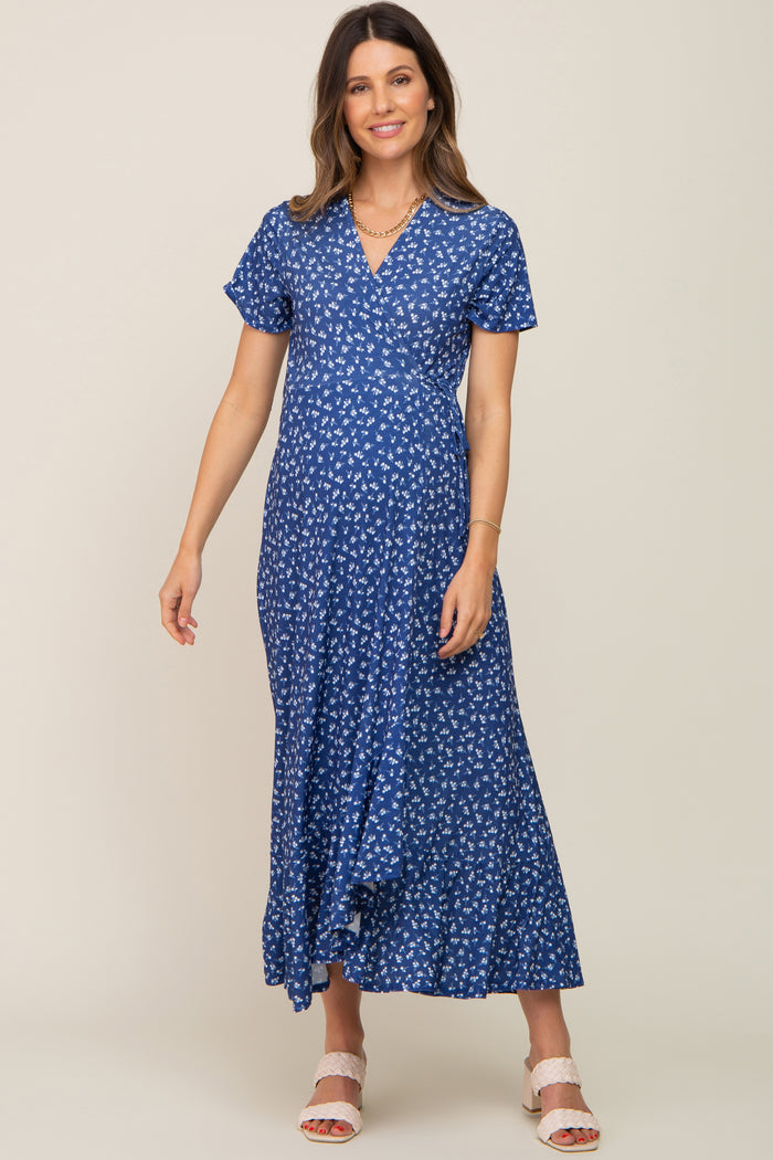 Navy Blue Floral Wrap Front V-Neck Short Sleeve Maternity Midi Dress