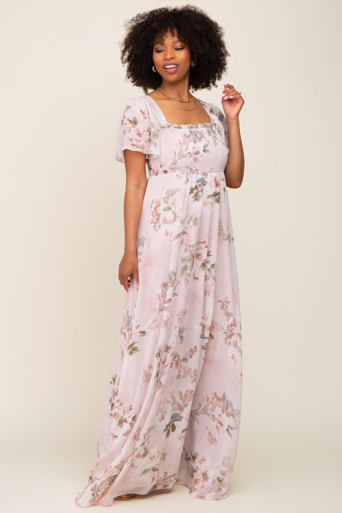 Light Pink Floral Chiffon Smocked Short Sleeve Maternity Maxi Dress Light Pink Floral Chiffon Smocked Short Sleeve Maternity Maxi Dress