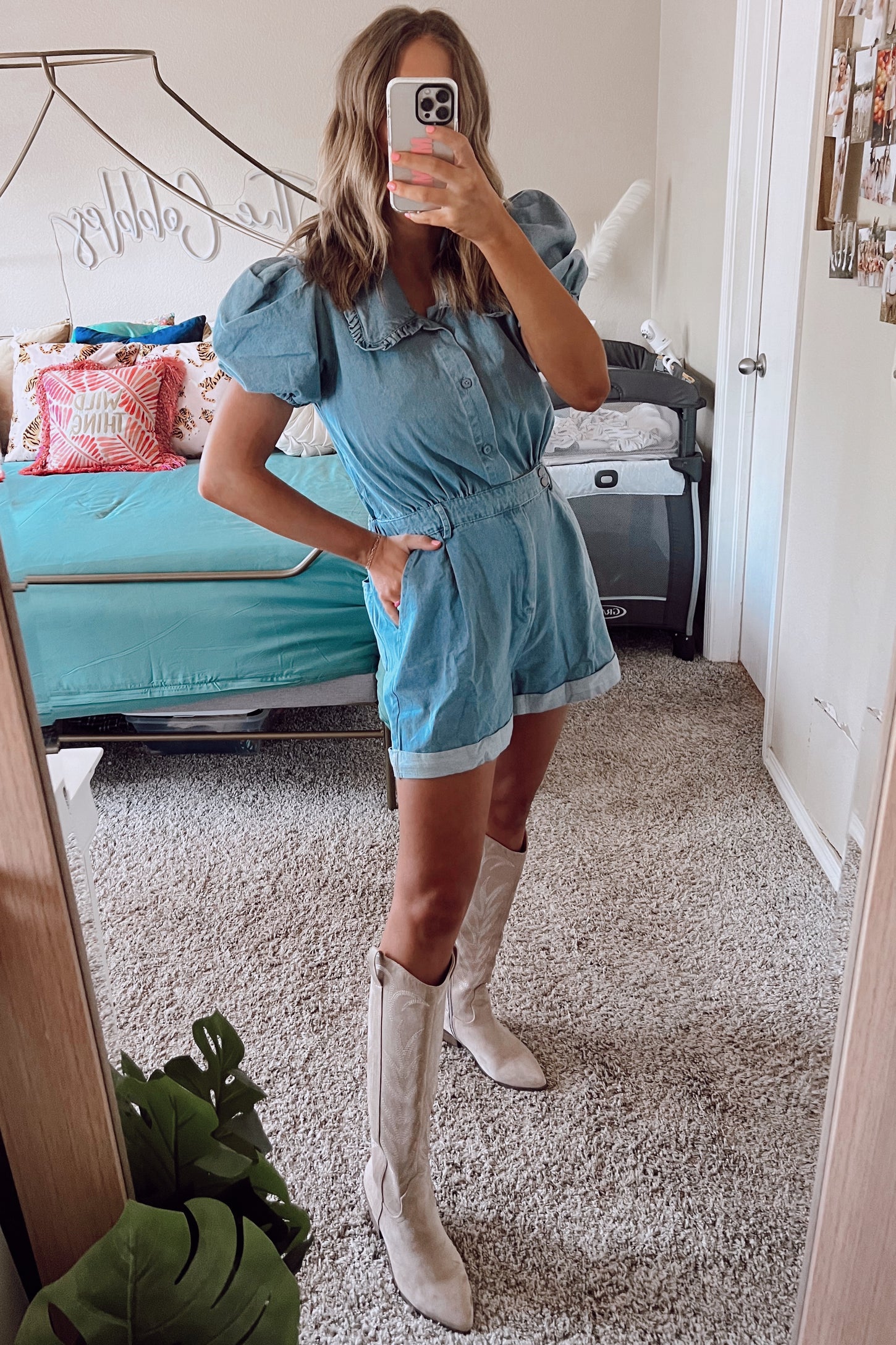 Light Denim Romper With Puff Sleeves