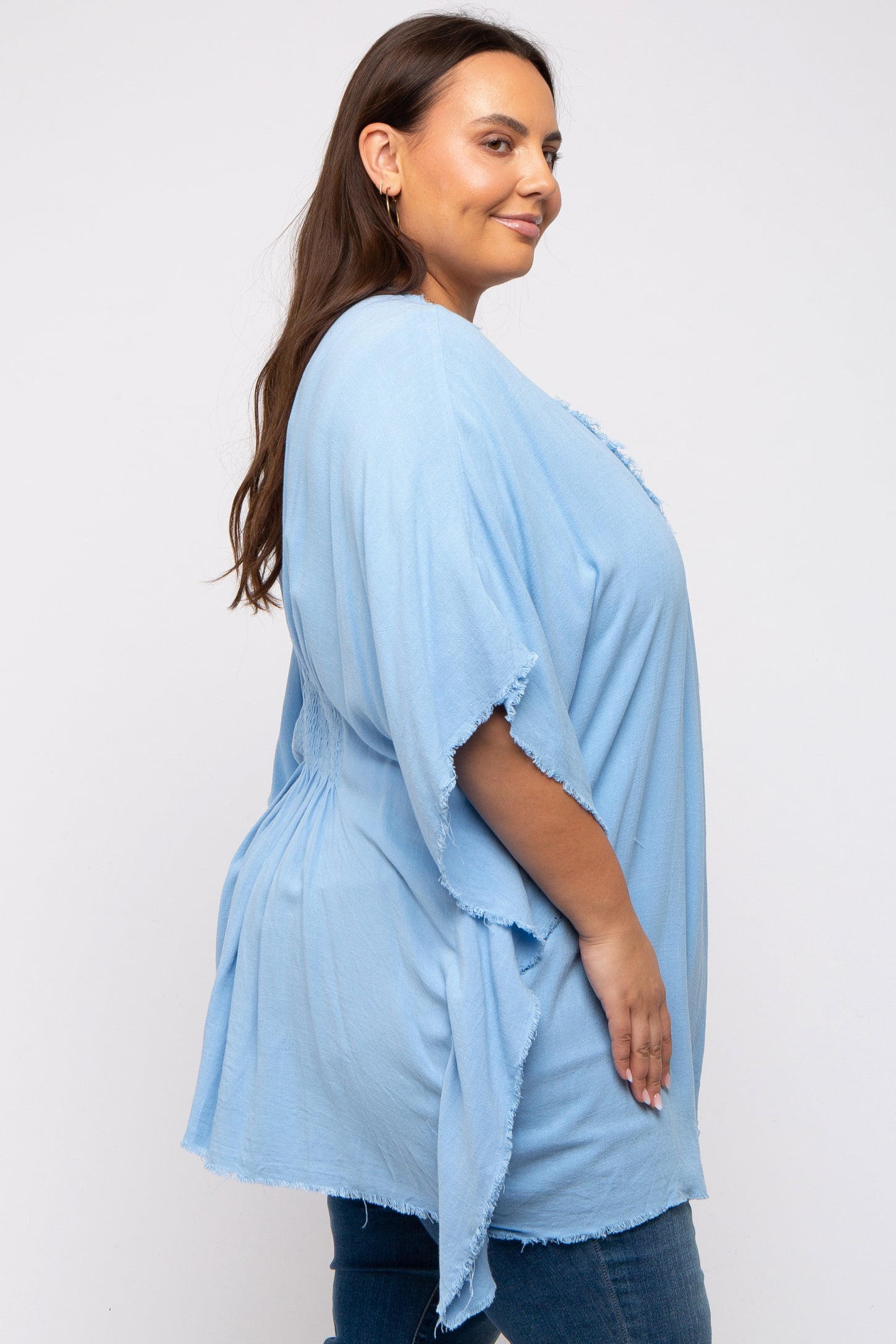 Light Blue Fringe Plus Dolman Sleeve Cover Up