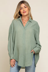 Green Lightweight Sheer Button Down Maternity Blouse