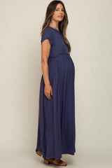 Navy Short Sleeve Pocketed Maternity Maxi Dress