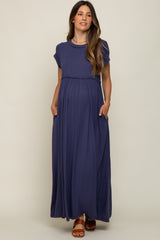 Navy Short Sleeve Pocketed Maternity Maxi Dress