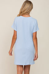 Light Blue Ribbed Front Pocket Dolman Short Sleeve Maternity Dress
