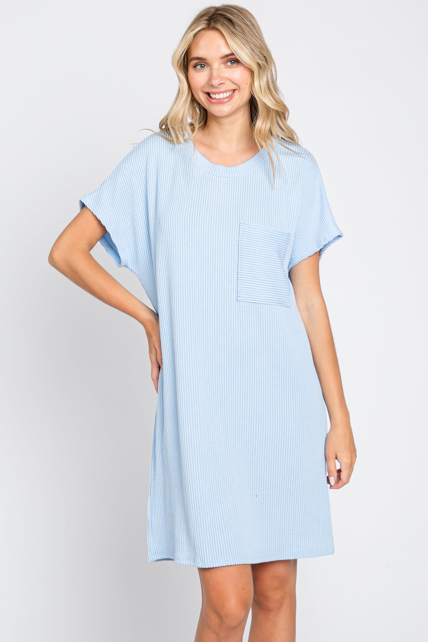 Light Blue Ribbed Front Pocket Dolman Short Sleeve Maternity Dress