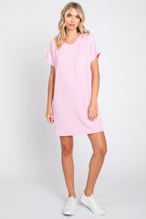 Light Pink Ribbed Front Pocket Dolman Short Sleeve Dress