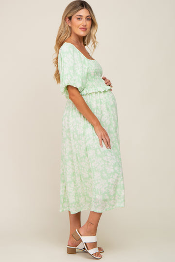 Lime Floral Smocked Maternity Midi Dress