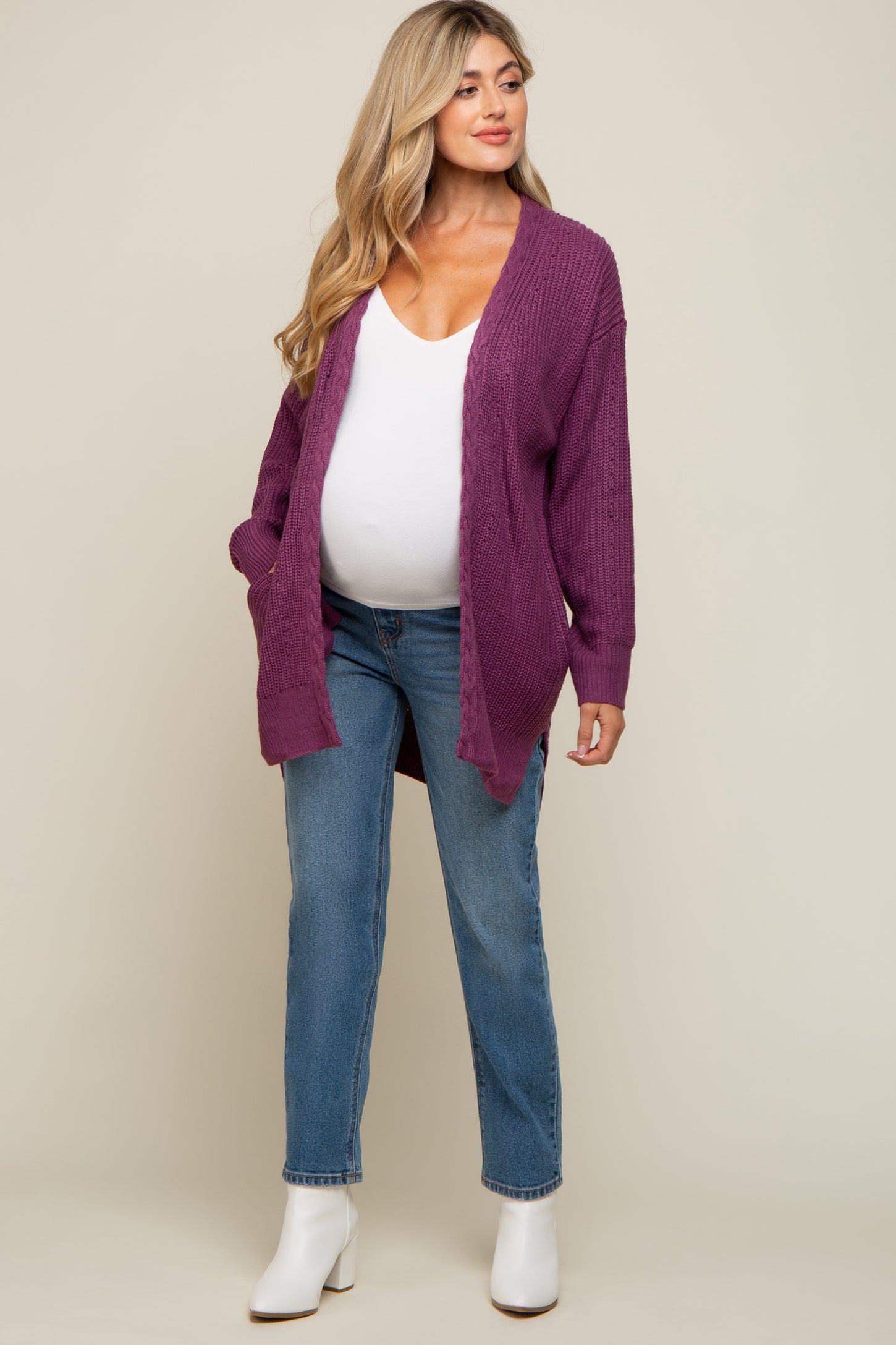 Plum Cable Knit Accent Maternity Cardigan