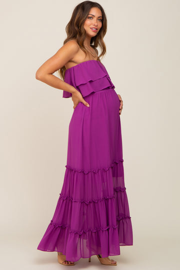 Purple Chiffon Strapless Ruffle Tiered Maternity Maxi Dress