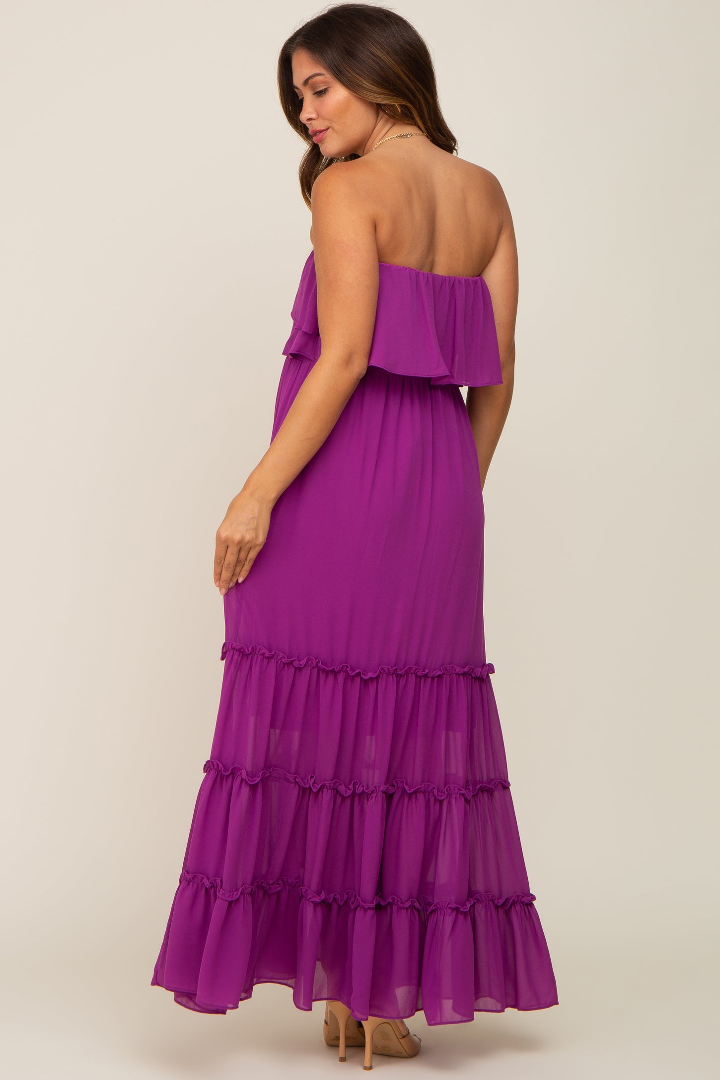 Purple Chiffon Strapless Ruffle Tiered Maternity Maxi Dress