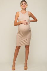 Beige Sleeveless Fitted Maternity Dress