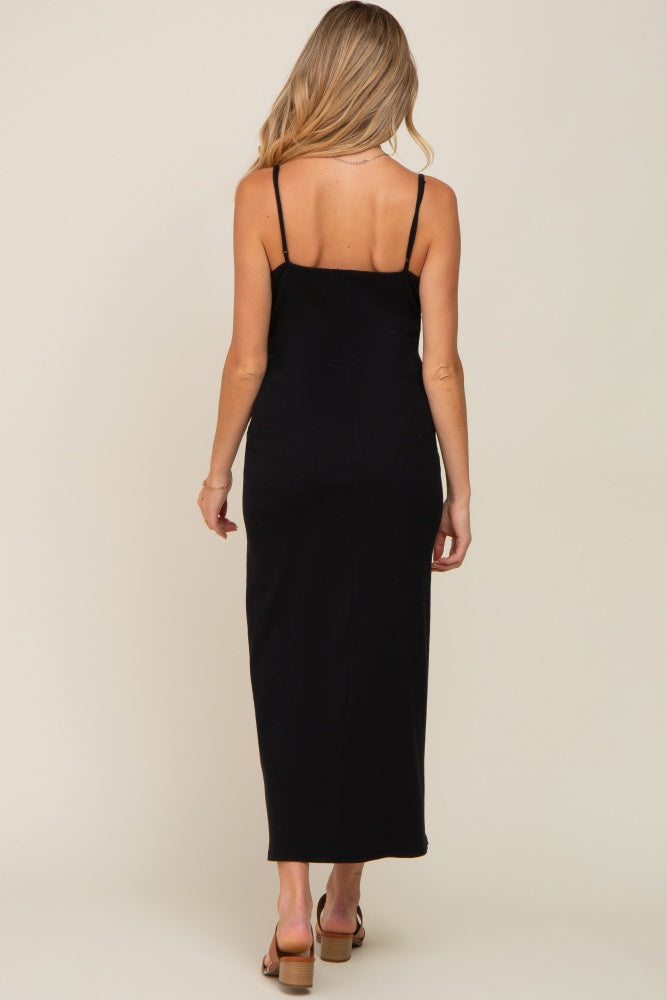 Black Ribbed Sleeveless Maternity Maxi Dress