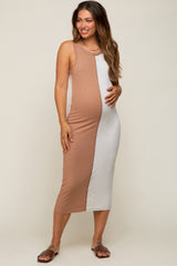 Camel Ribbed Colorblock Maternity Midi Dress