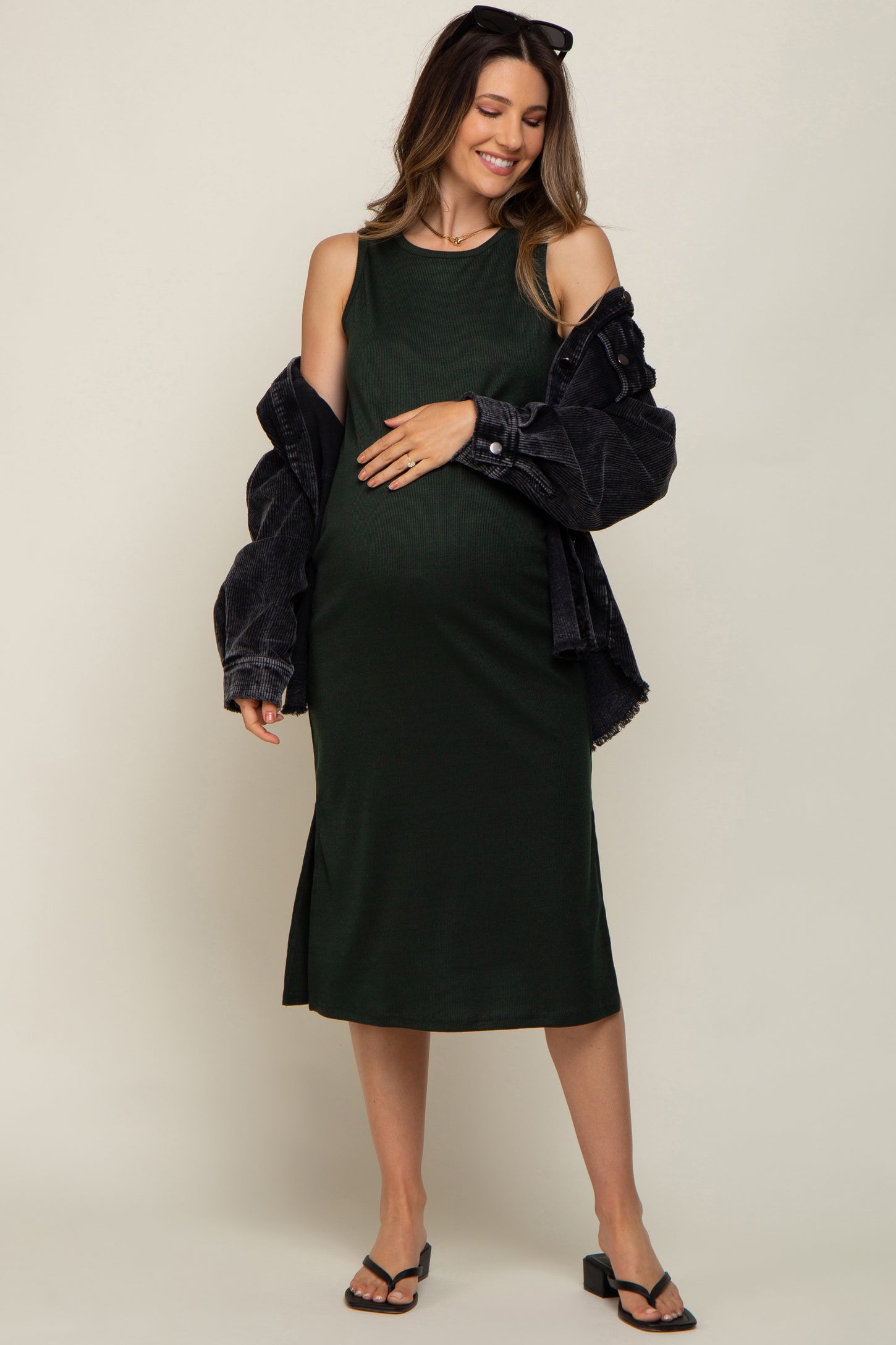 Forest Green Basic Ribbed Side Slit Maternity Midi Dress