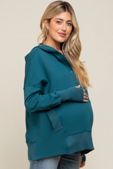 Teal Button Front Ribbed Trim Maternity Hooded Sweatshirt