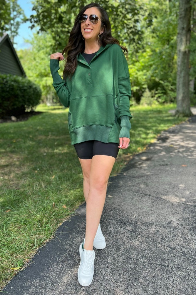 Forest Green Button Front Ribbed Trim Hooded Sweatshirt