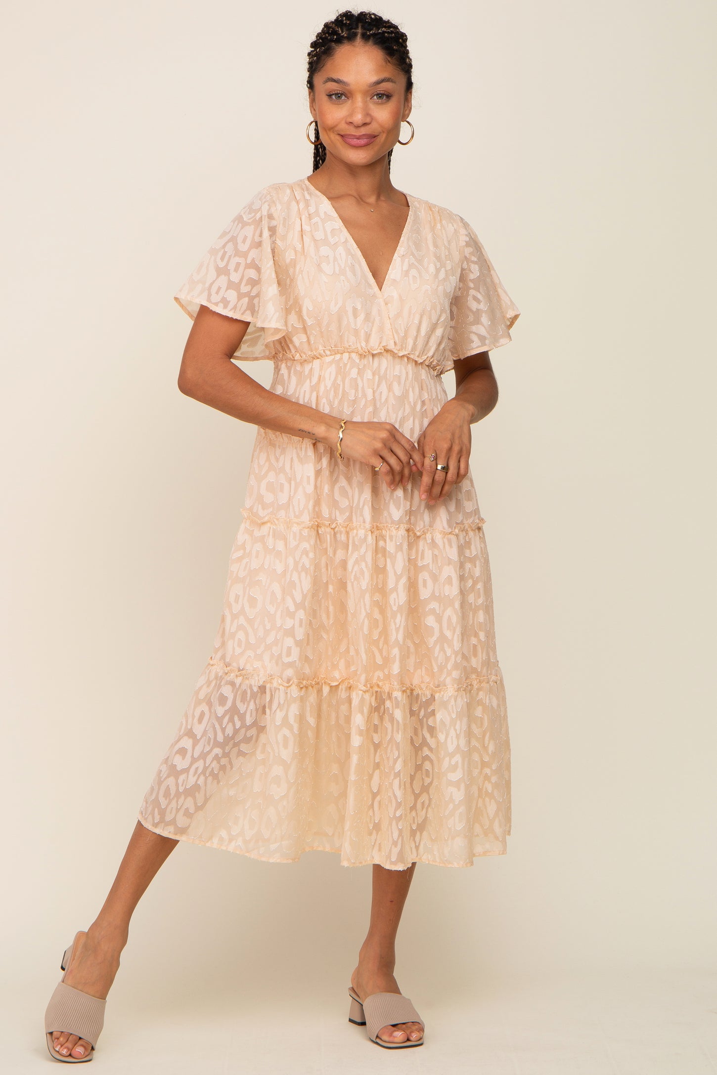 Beige Chiffon Animal Print Tiered Midi Dress