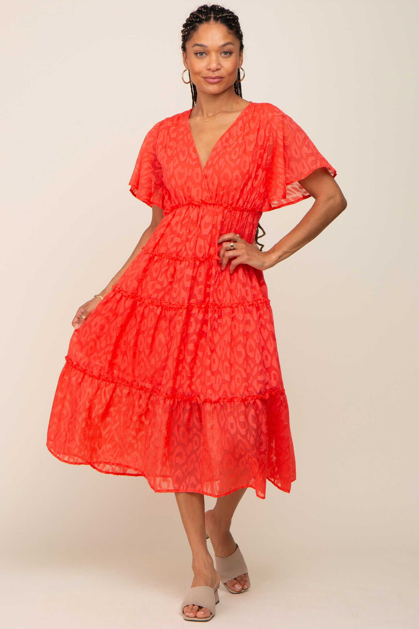 Coral Chiffon Animal Print Tiered Maternity Midi Dress