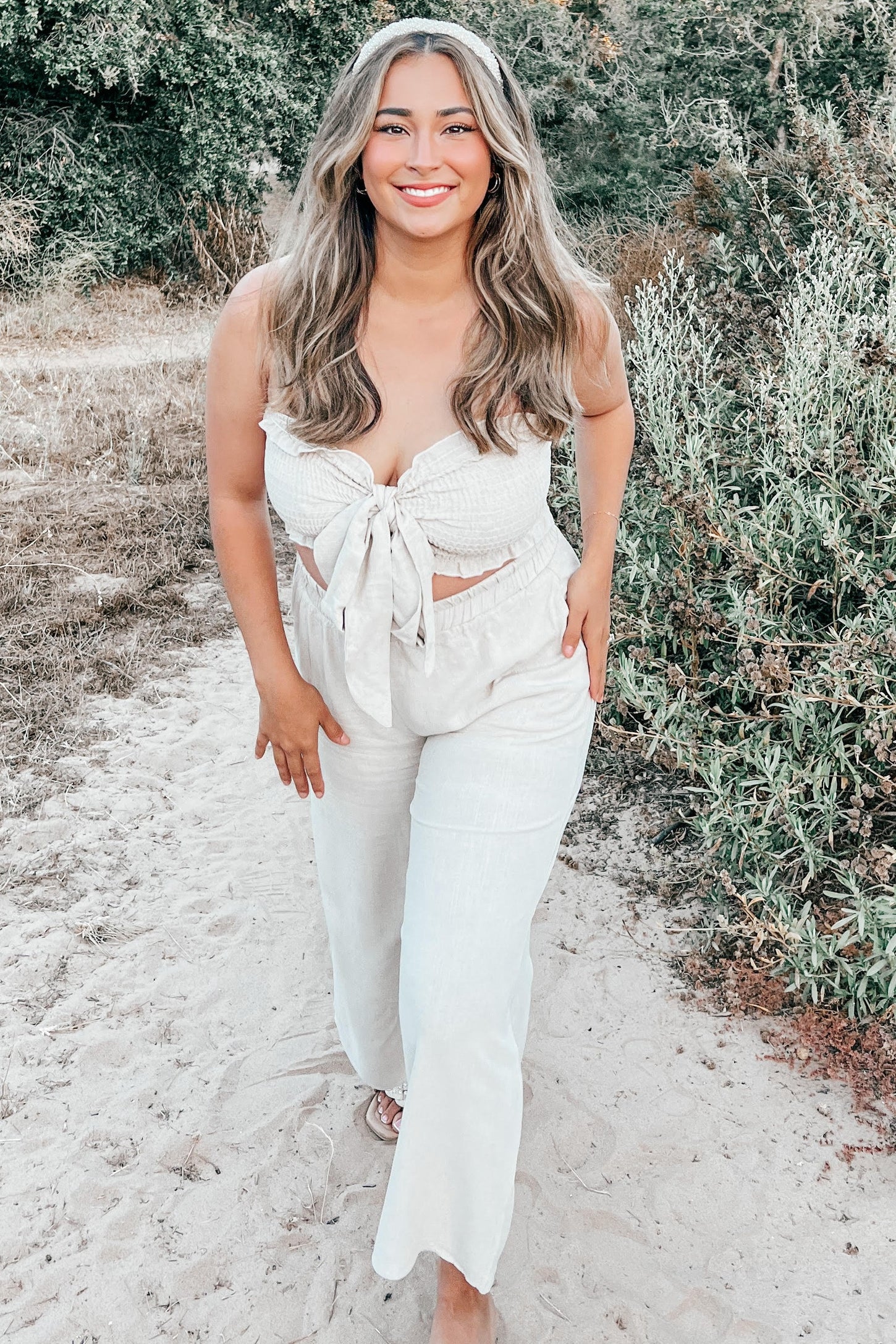 Beige Front Tie Crop Top and Pant Set