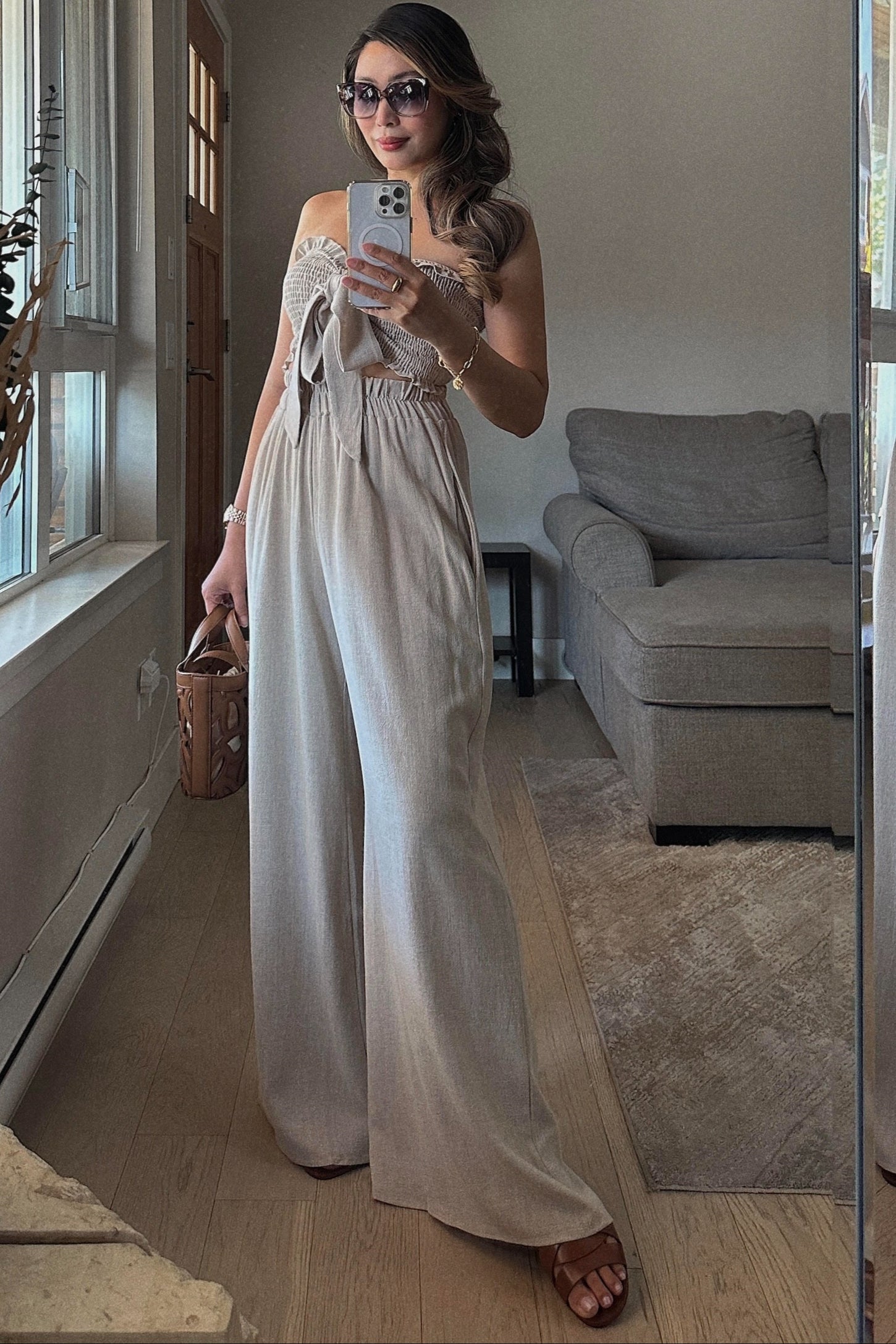 Beige Front Tie Crop Top and Pant Set