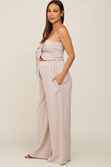 Beige Front Tie Crop Top and Pant Maternity Set