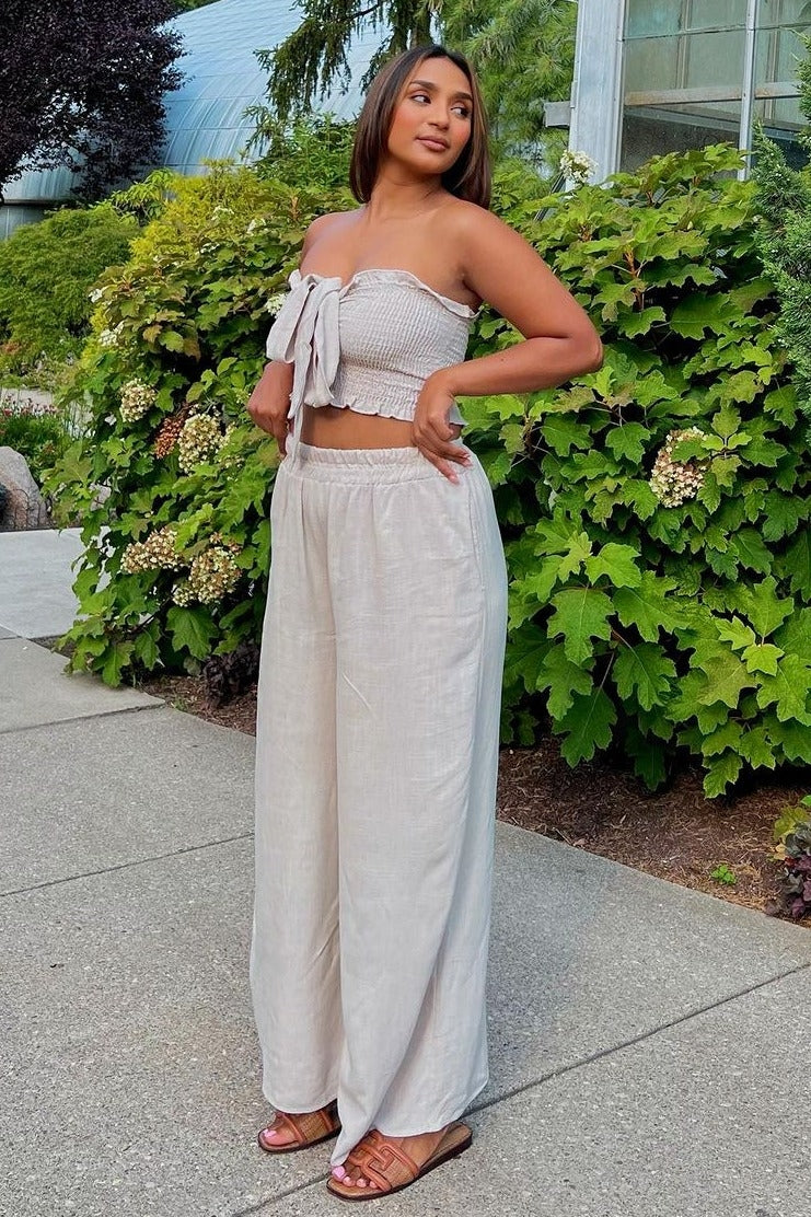 Beige Front Tie Crop Top and Pant Set