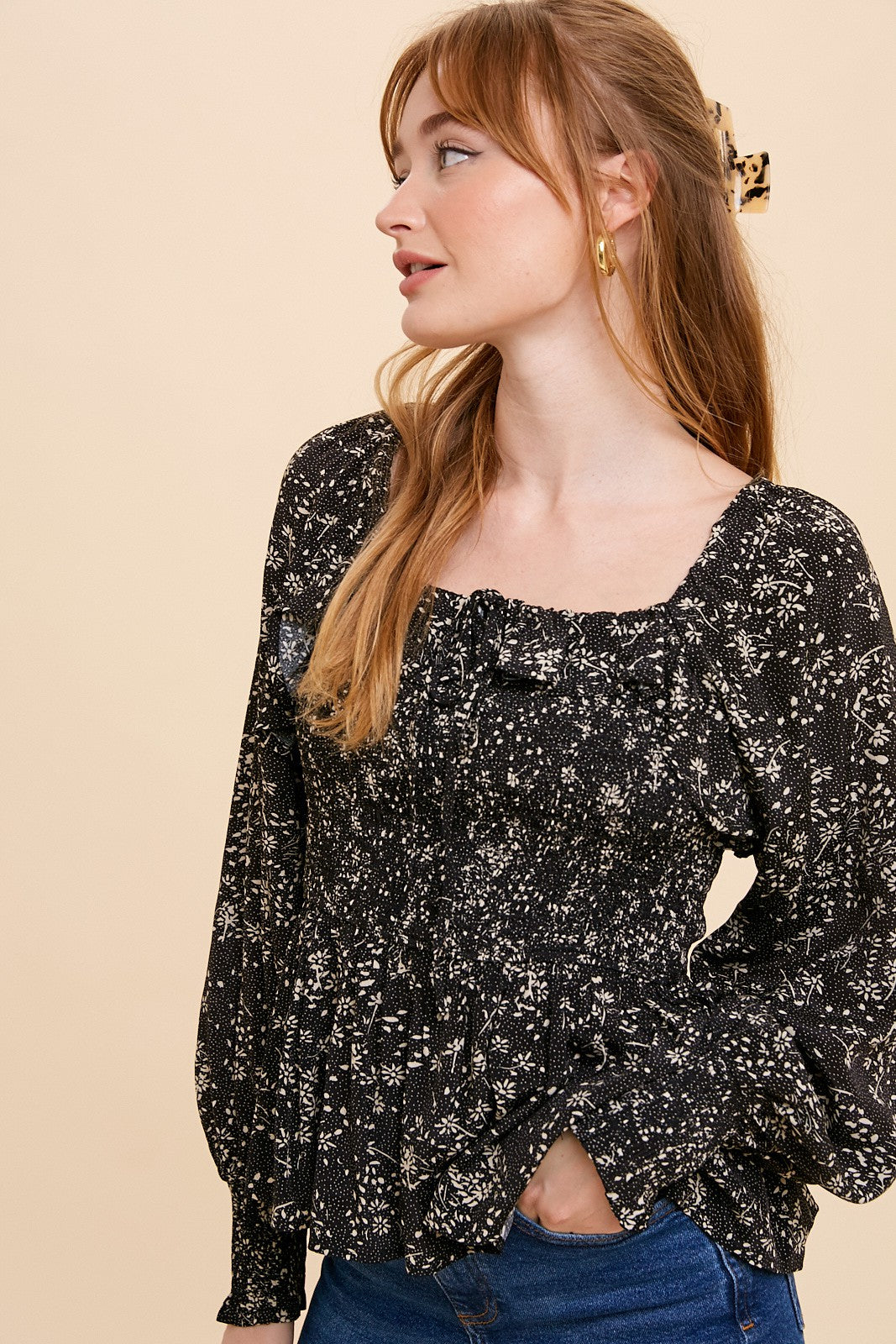 Black Smocked Ruffled Top