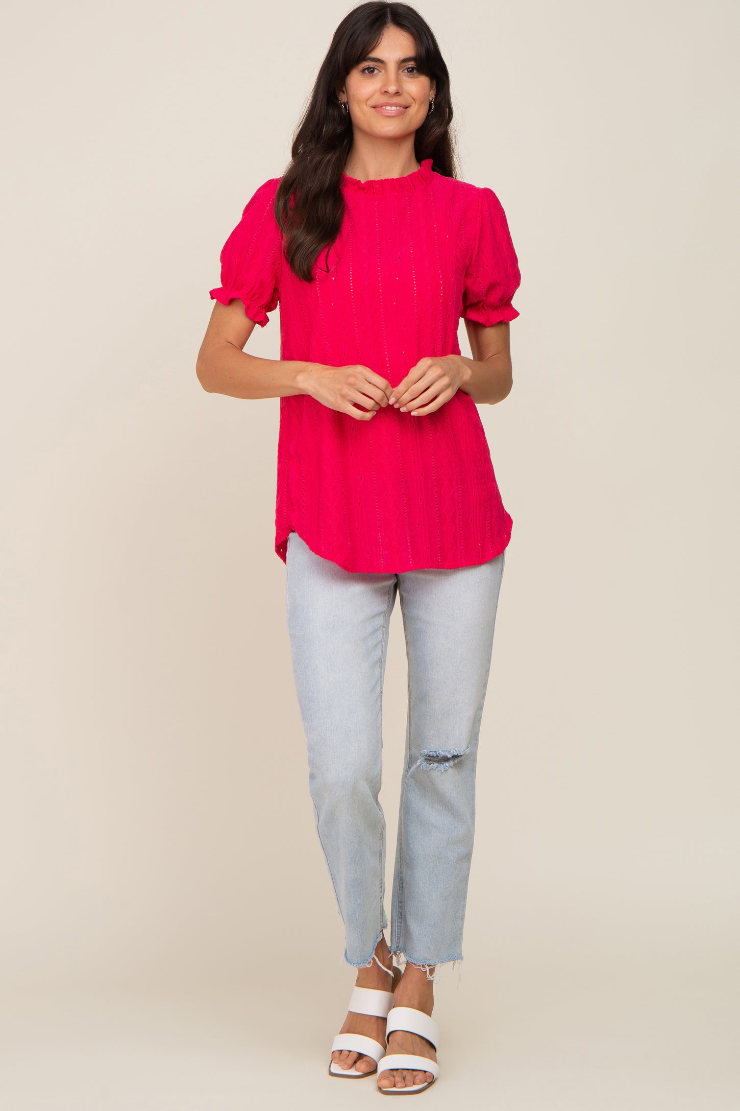 Fuchsia Eyelet Textured Mock Neck Top