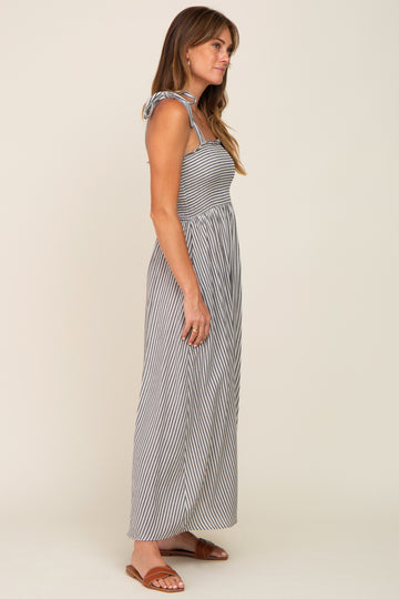Black Striped Smocked Shoulder Tie Maxi Dress