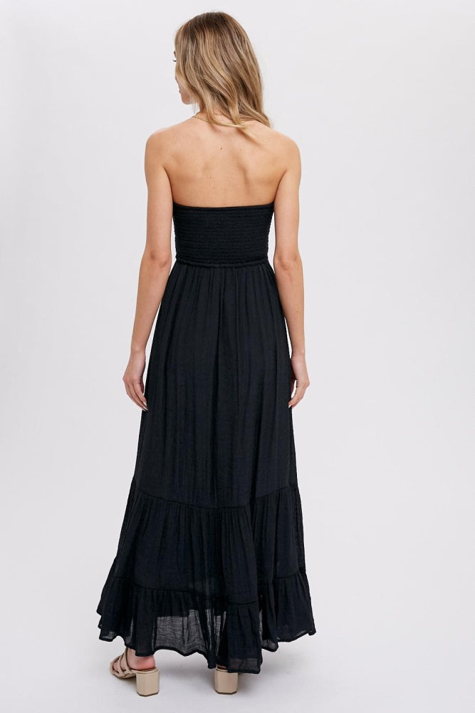Black Smocked Strapless Front Tie Maxi Dress