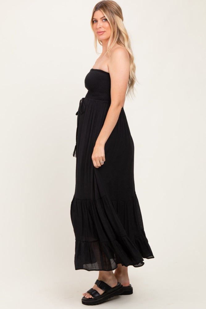Black Smocked Strapless Front Tie Maternity Maxi Dress