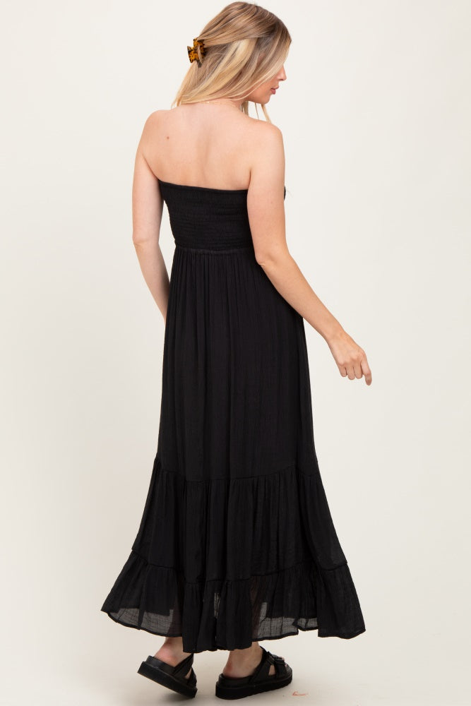 Black Smocked Strapless Front Tie Maternity Maxi Dress