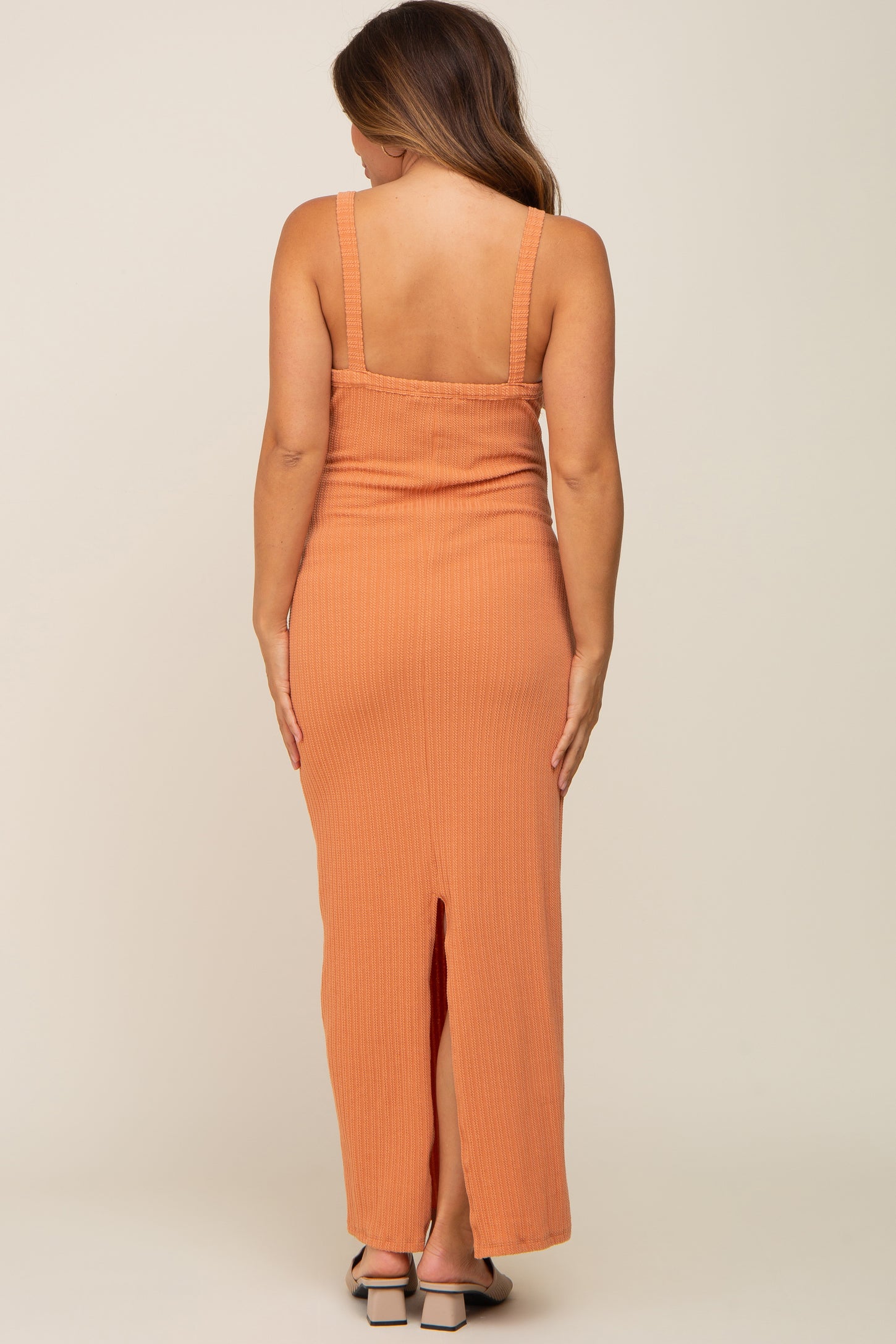 Orange Sleeveless Ribbed Maternity Maxi Dress