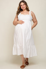 White Ruffle Strap Back Tie Maternity Plus Midi Dress