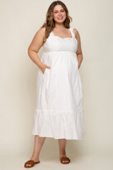 White Ruffle Strap Back Tie Maternity Plus Midi Dress