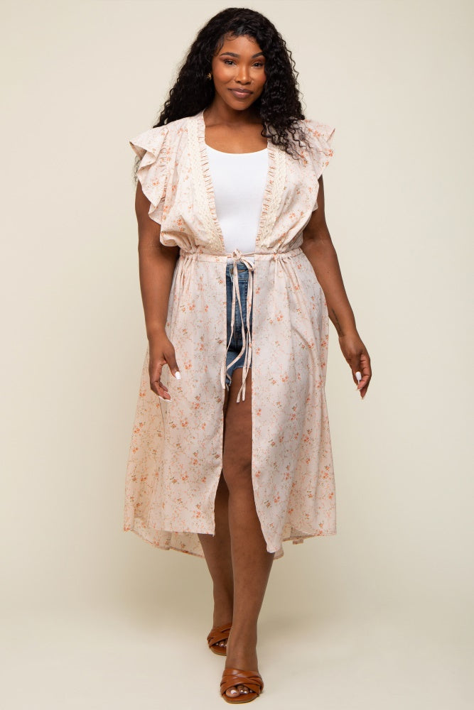 Peach Floral Crochet Front Tie Maternity Plus Coverup
