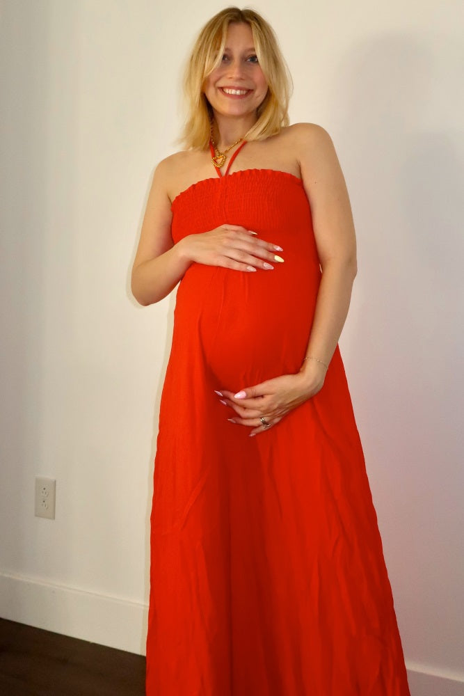 Orange Smocked Halter Maternity Maxi Dress
