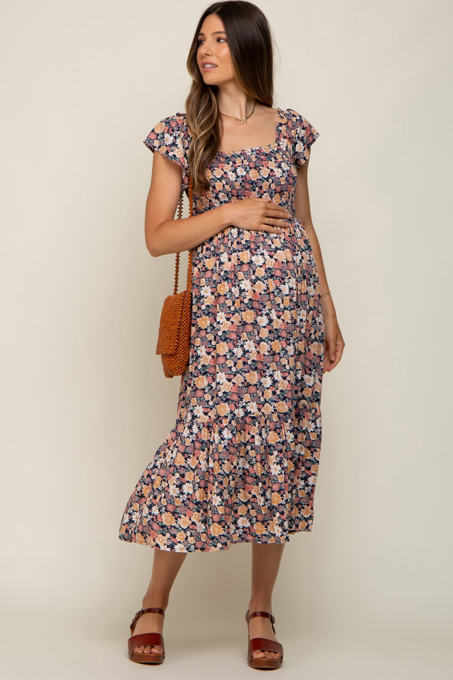 Black Floral Off Shoulder Smocked Maternity Midi Dress