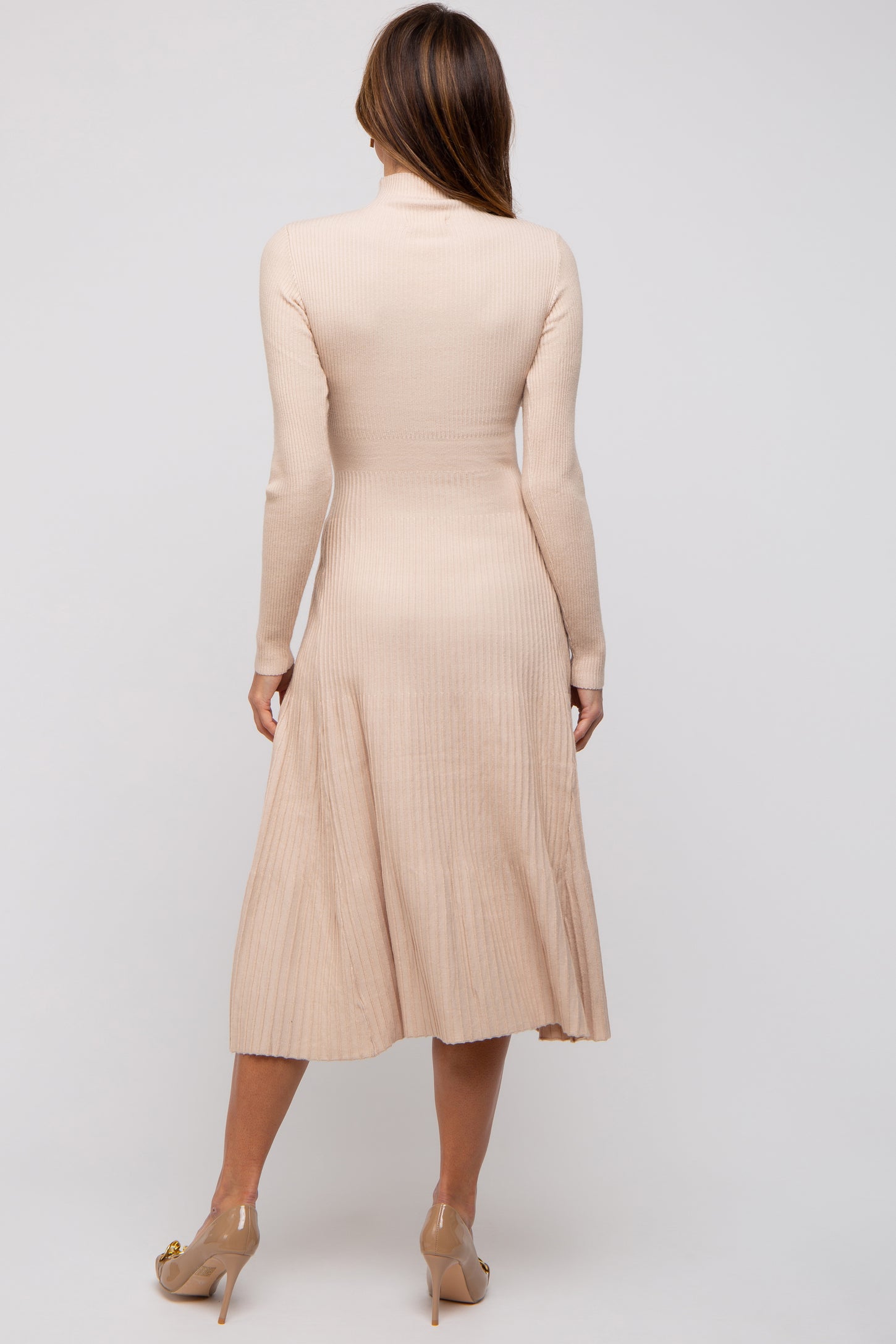 Beige Rib Knit Mock Neck A-Line Dress PinkBlush Beige Rib Knit Mock Neck A-Line Dress PinkBlush