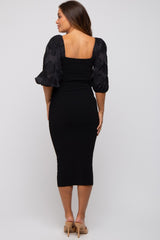 Black Floral Puff Sleeve Maternity Midi Dress