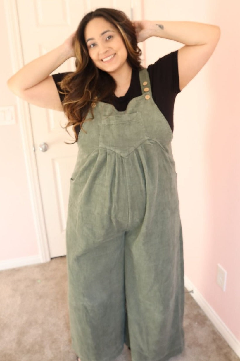 Olive Corduroy Front Pleated Wide Leg Maternity Overalls
