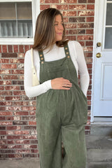 Olive Corduroy Front Pleated Wide Leg Maternity Overalls
