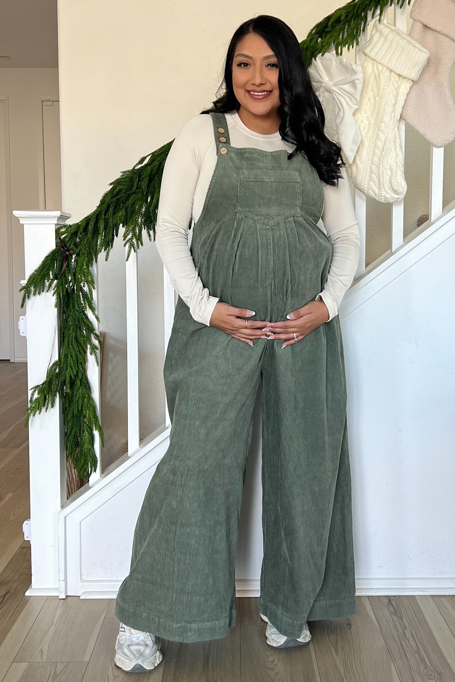 Olive Corduroy Front Pleated Wide Leg Maternity Overalls