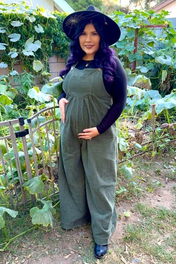 Olive Corduroy Front Pleated Wide Leg Maternity Overalls